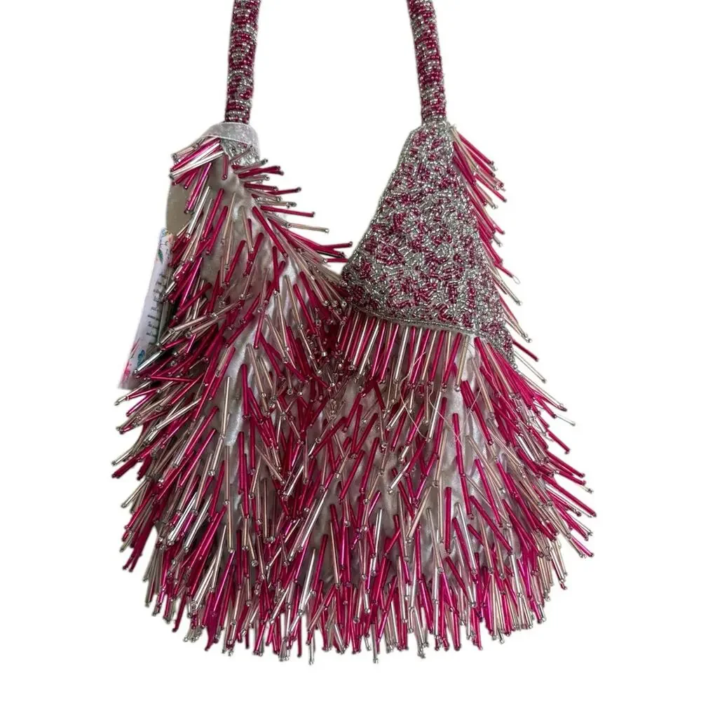 New Handcrafted in India Pink White Beaded Shoulder Bag